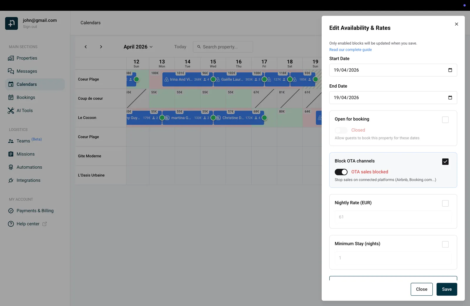 Calendar panel showing OTA sales blocked with the Block OTA channels toggle enabled