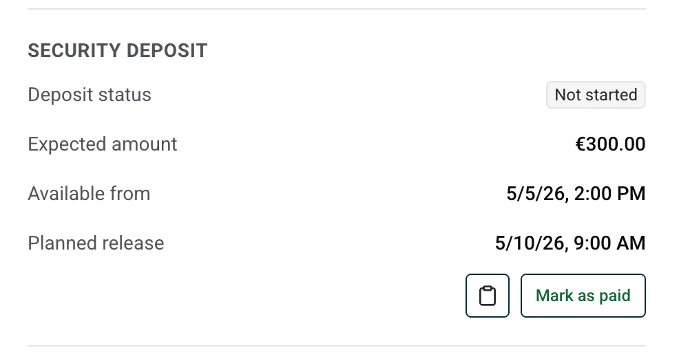 Security Deposit section in the booking detail with status, expected amount, available from and claim window