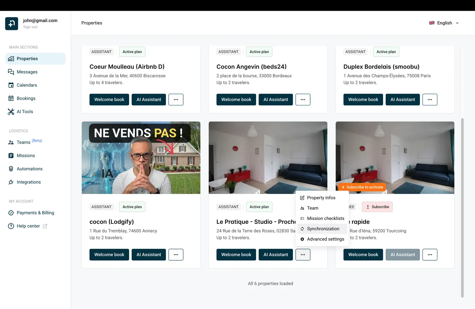 Property card menu showing the Synchronization option in Nowistay