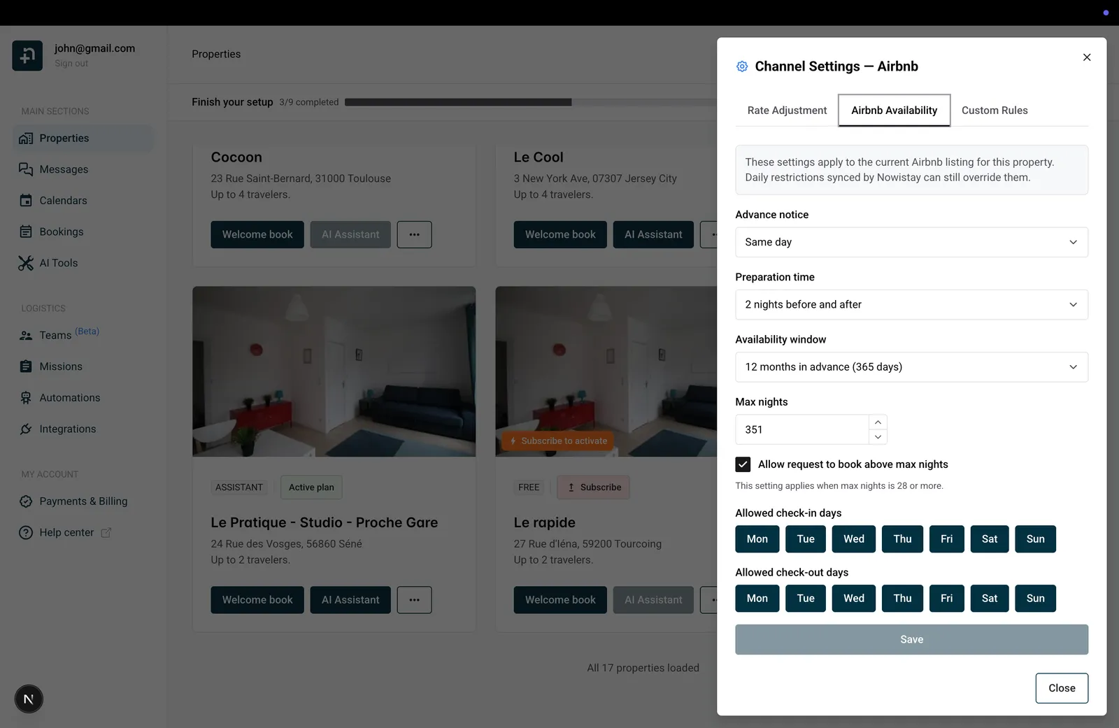 Channel Settings for Airbnb showing the Airbnb Availability tab with advance notice, preparation time, availability window, max nights, and allowed check-in and check-out days