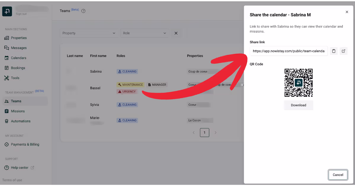 Team list page showing the share link icon for each team member