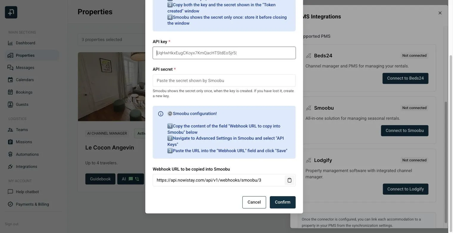 The Smoobu connection window in Nowistay with the API key, API secret and webhook URL fields