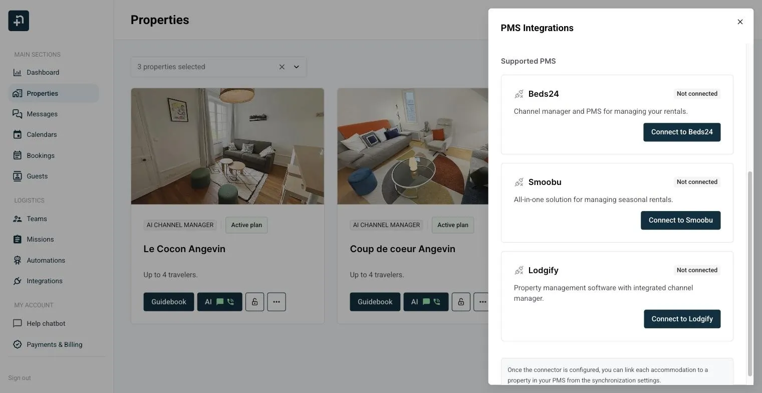 The PMS Integrations panel in Nowistay showing the Smoobu card and the Connect to Smoobu button