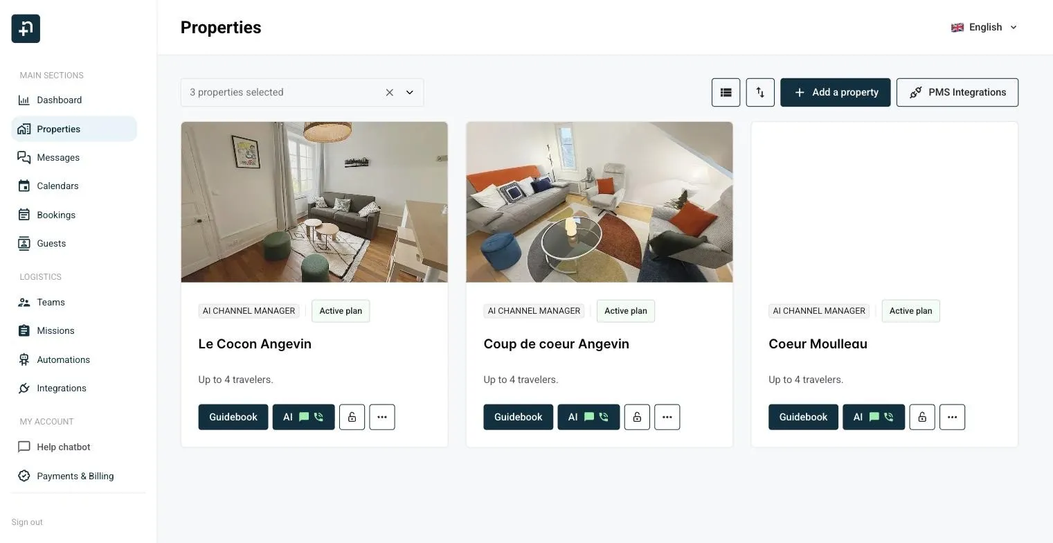 The Properties page in Nowistay with the PMS Integrations button at the top right