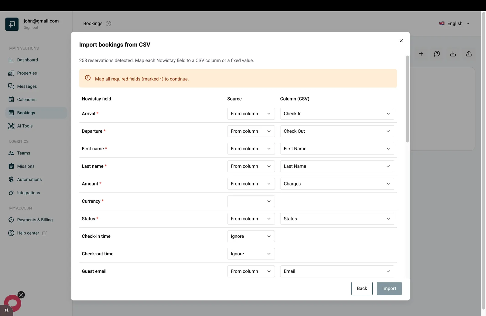 The column mapping step showing each Nowistay field matched to a CSV column, with required fields marked by a red star.