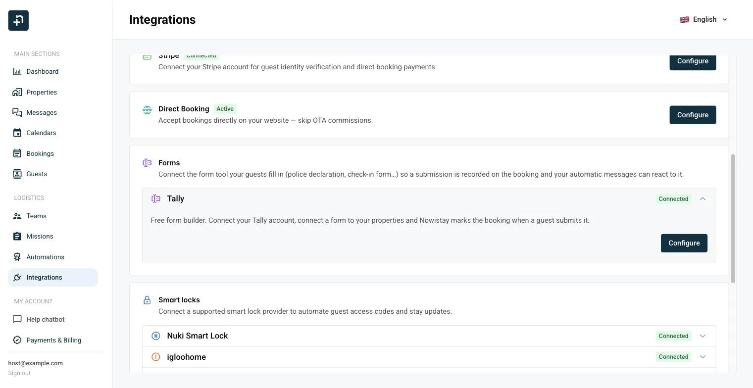 Nowistay Integrations page with the Forms section and the Tally row open