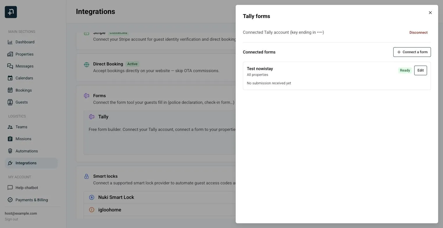 Tally forms panel listing the connected forms
