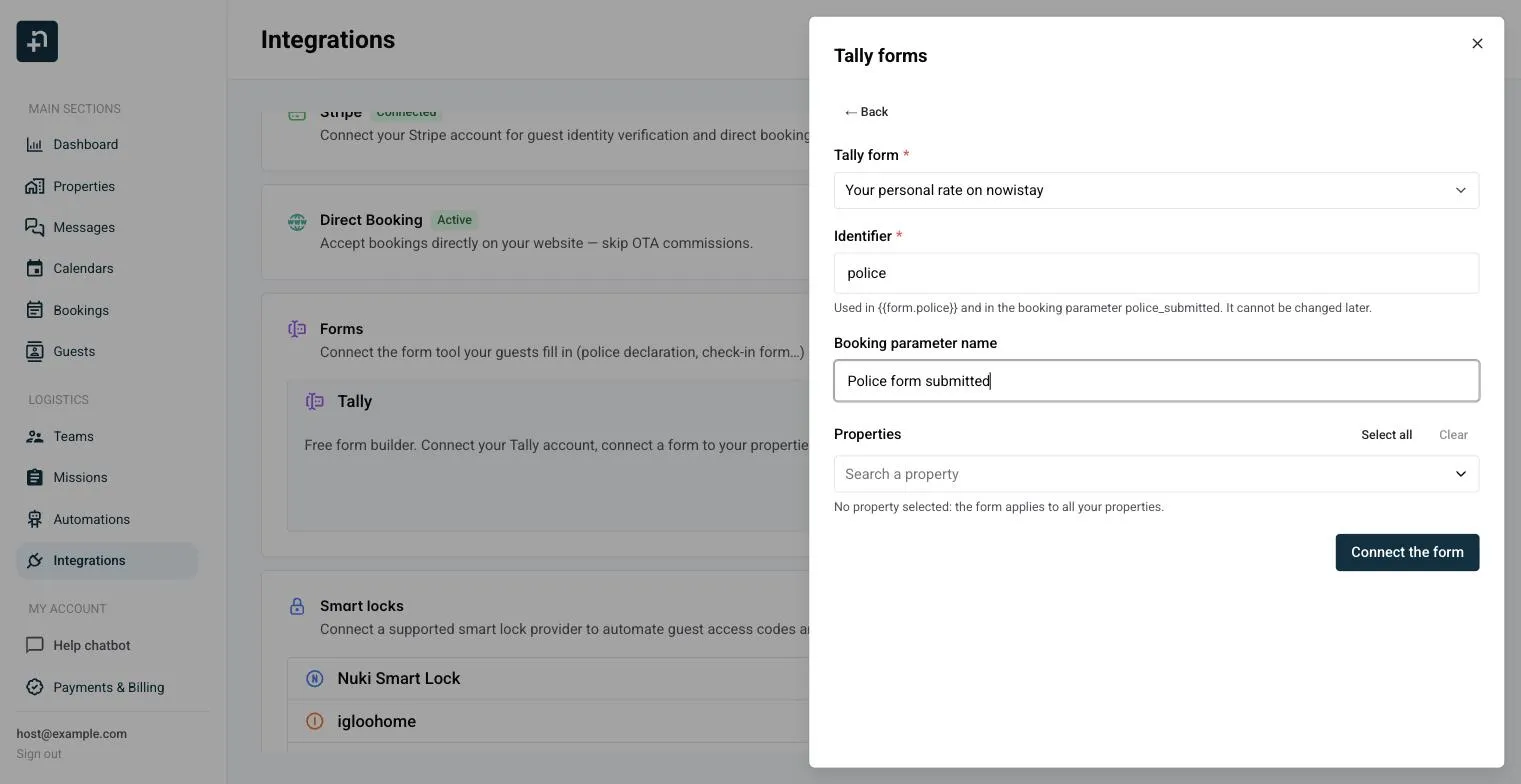 Connect a form view with the Tally form, Identifier, Booking parameter name and Properties fields