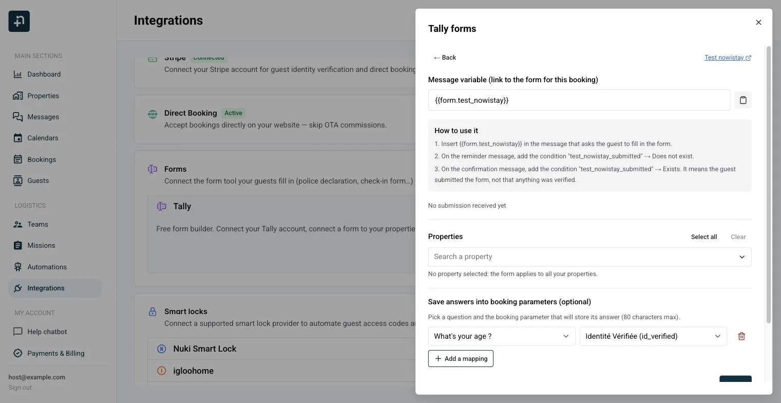 Edit view of a connected form with the message variable, the How to use it box and a question mapping