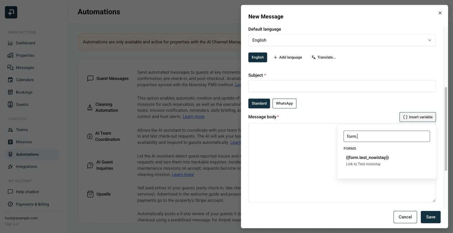 Insert variable picker filtered on form. showing the Forms group