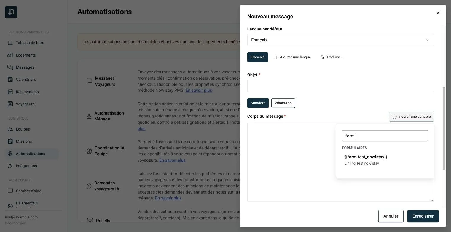 Sélecteur Insérer une variable filtré sur form. affichant le groupe Formulaires