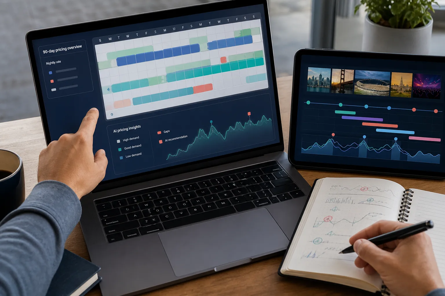 Property manager auditing a 90-day vacation rental pricing calendar with AI demand signals