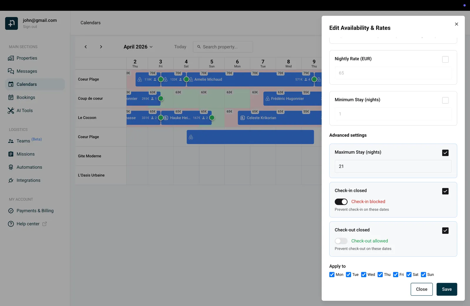Advanced settings section showing maximum stay, check-in closed, and check-out closed fields