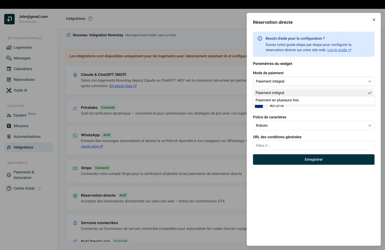 Paramètres du widget de réservation directe