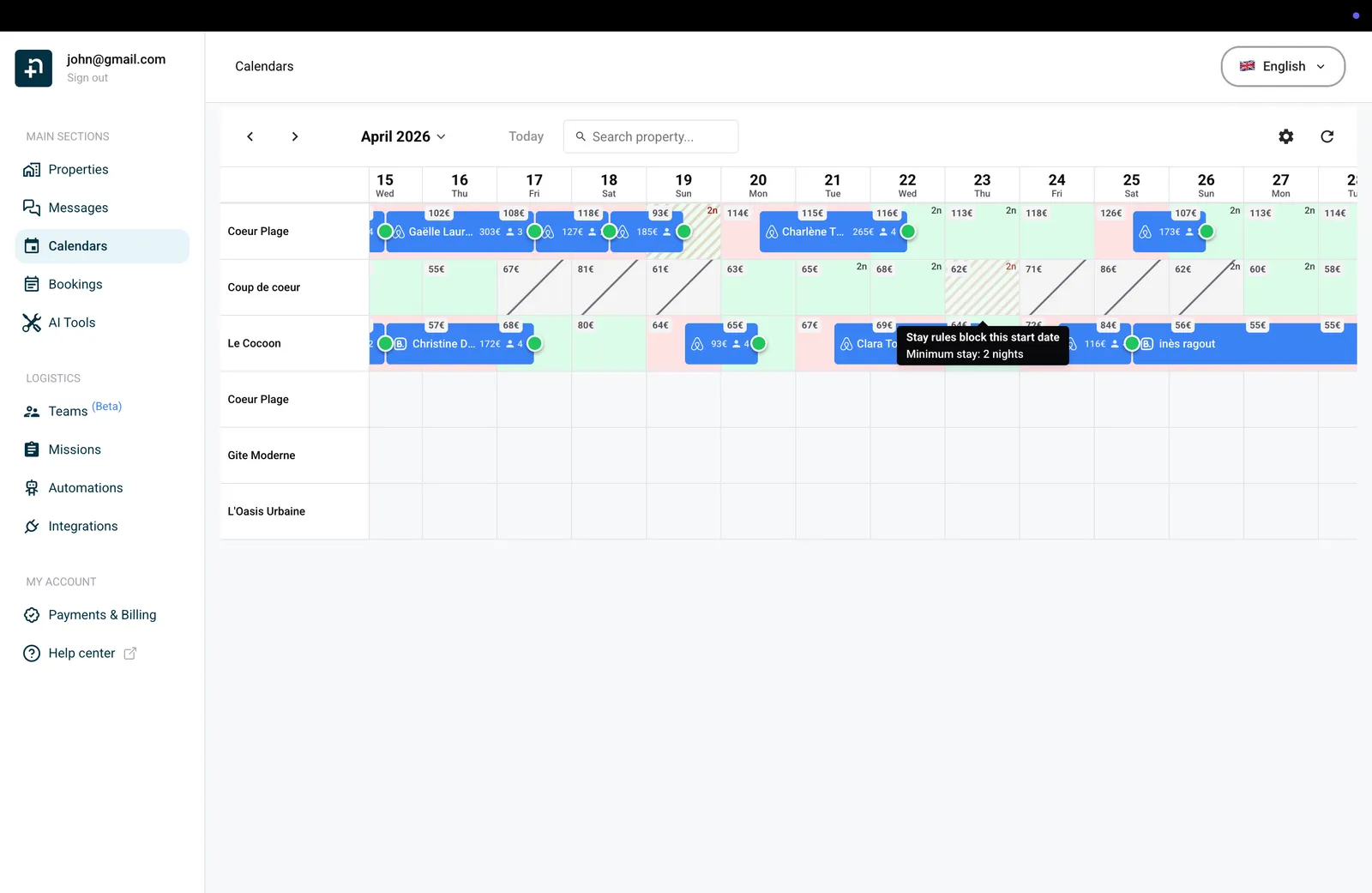 Calendar showing a tooltip on a restricted date explaining minimum stay requirement of 2 nights