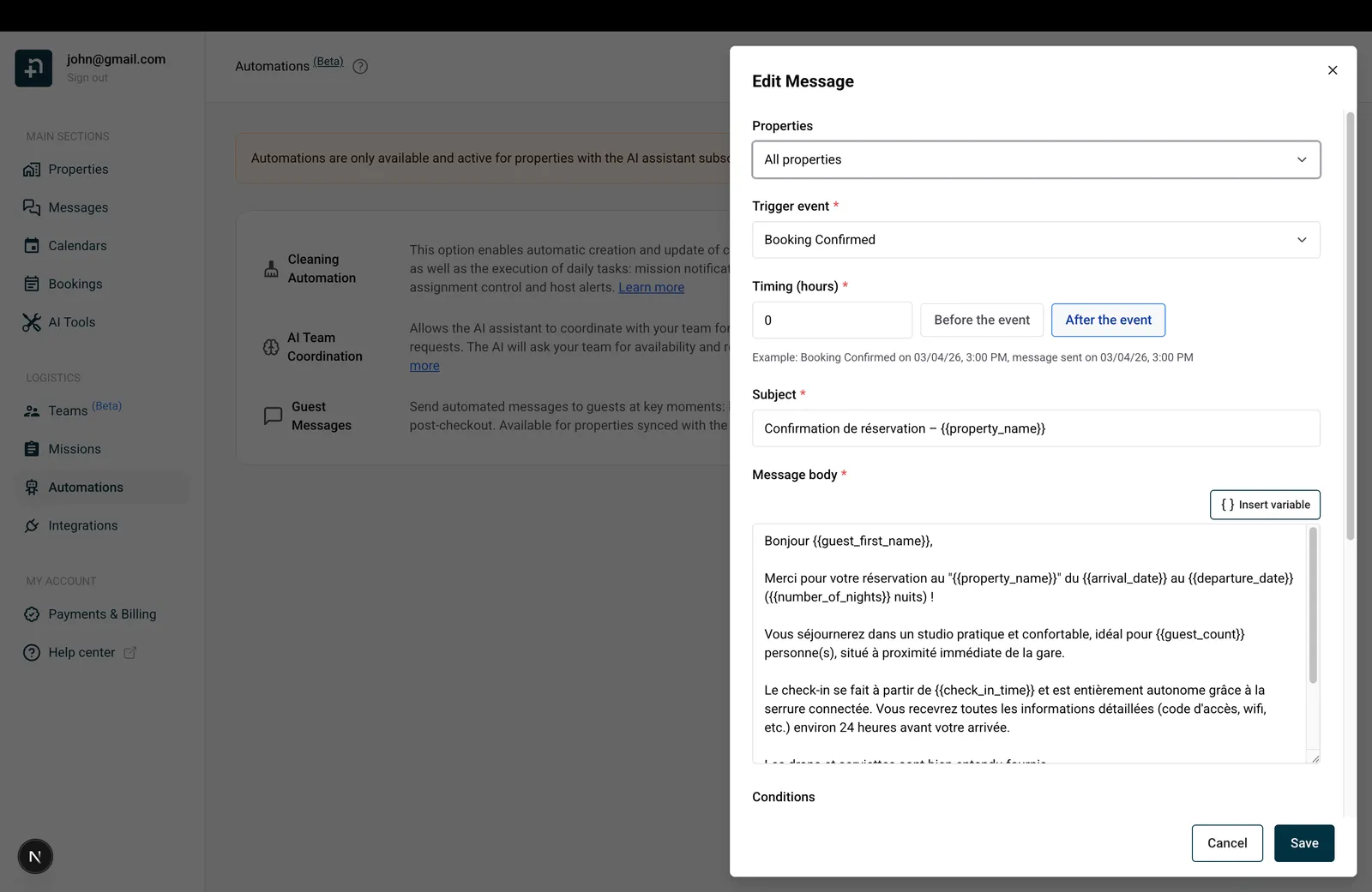 Edit Message dialog showing properties selector, trigger event dropdown, timing with Before and After buttons, Send via selector, subject line, and message body with Insert Variable button