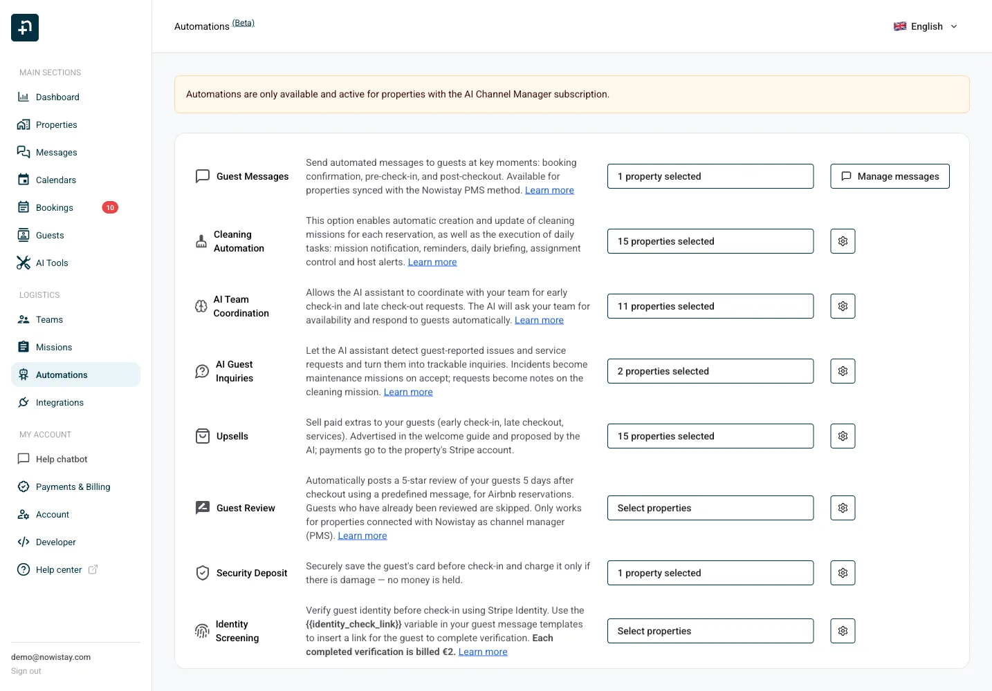The Upsells row on the Nowistay Automations page