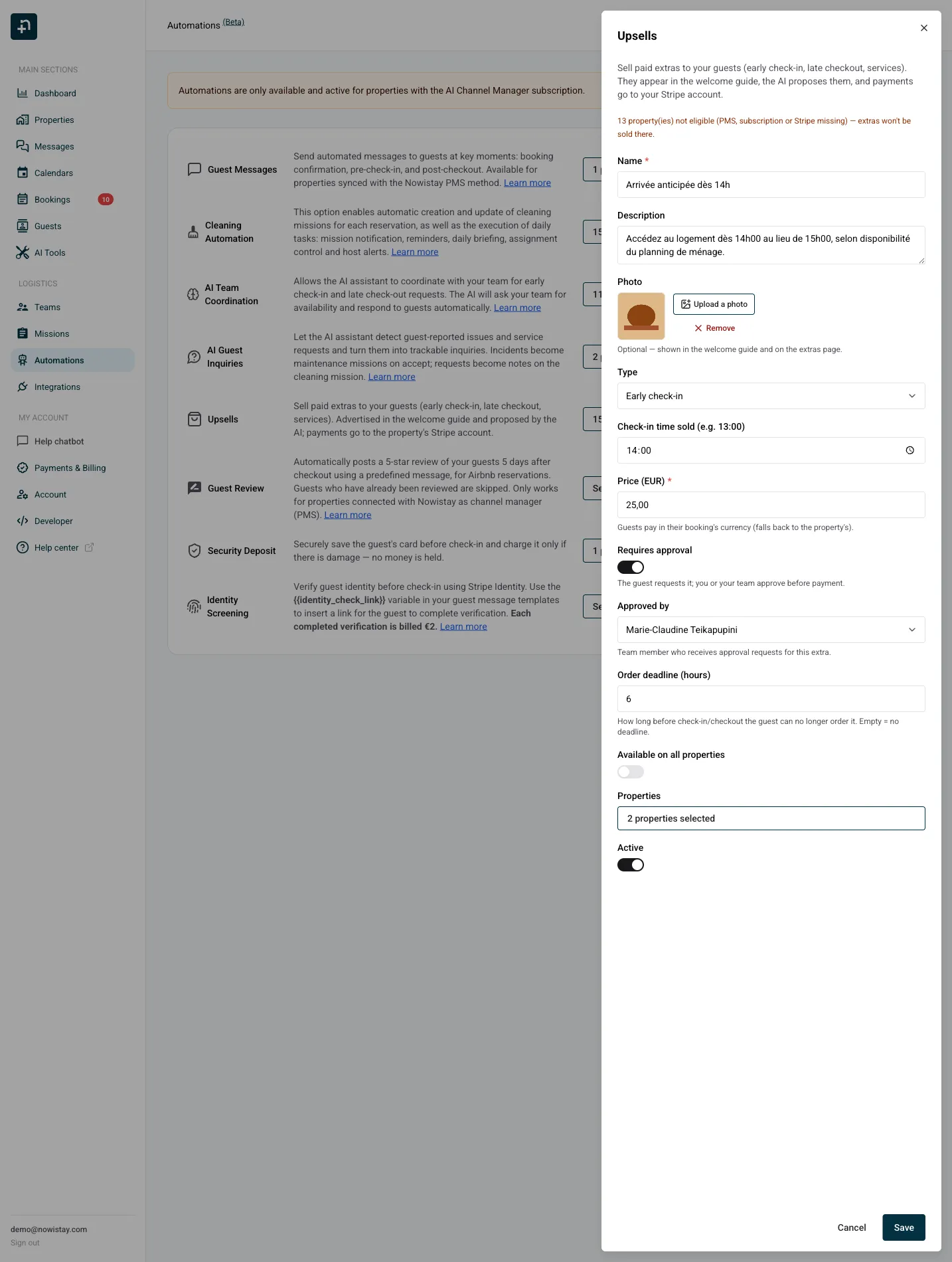 The extra editor with all settings: name, description, photo, type, price, approval, deadline and properties