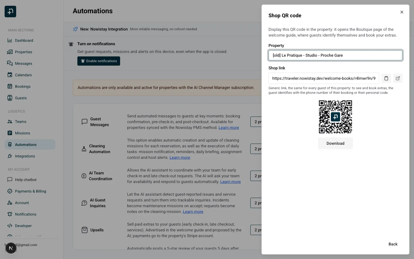 The shop QR code view: property picker, shop link with copy and open buttons, and the QR code with its Download button