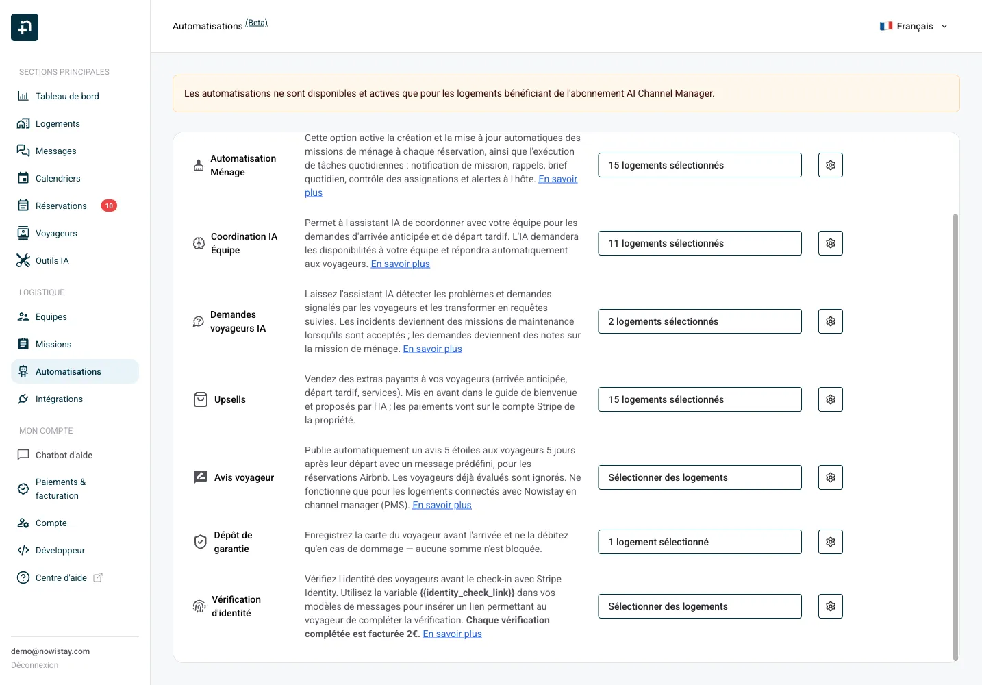 La ligne Upsells sur la page Automatisations de Nowistay