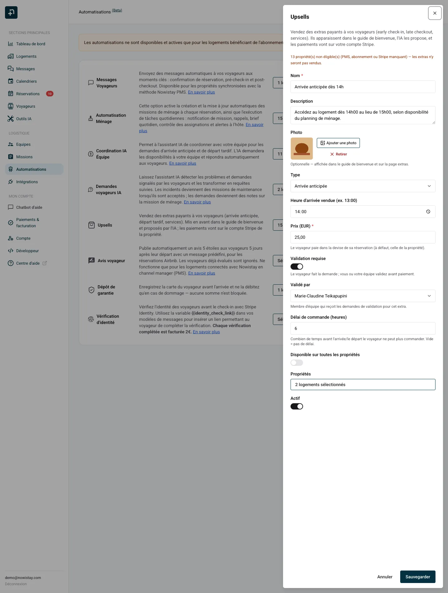 L'éditeur d'extra avec tous les réglages : nom, description, photo, type, prix, validation, délai et propriétés