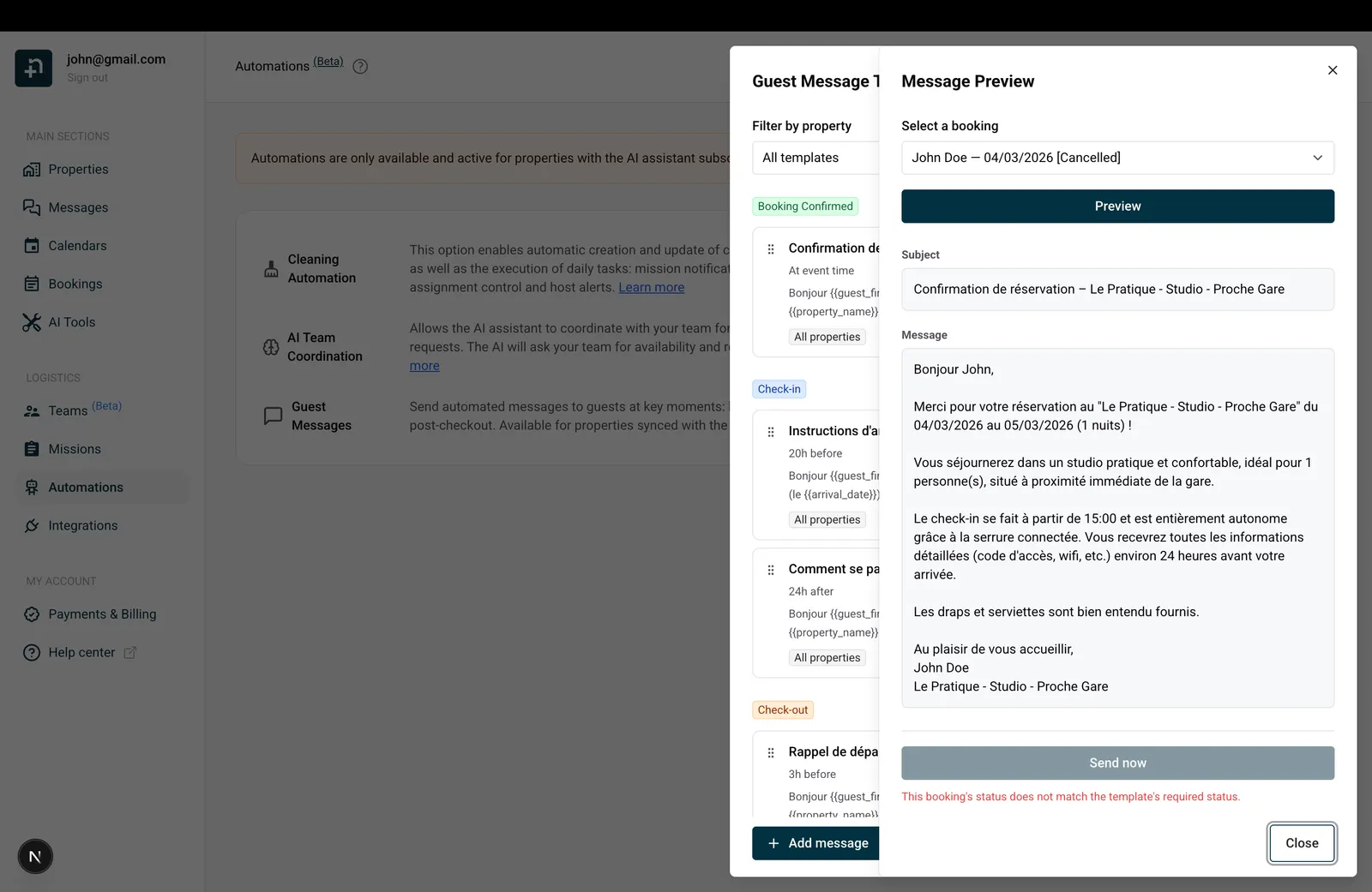 Message Preview dialog showing a real booking preview with resolved subject line, full message content, and Send now button