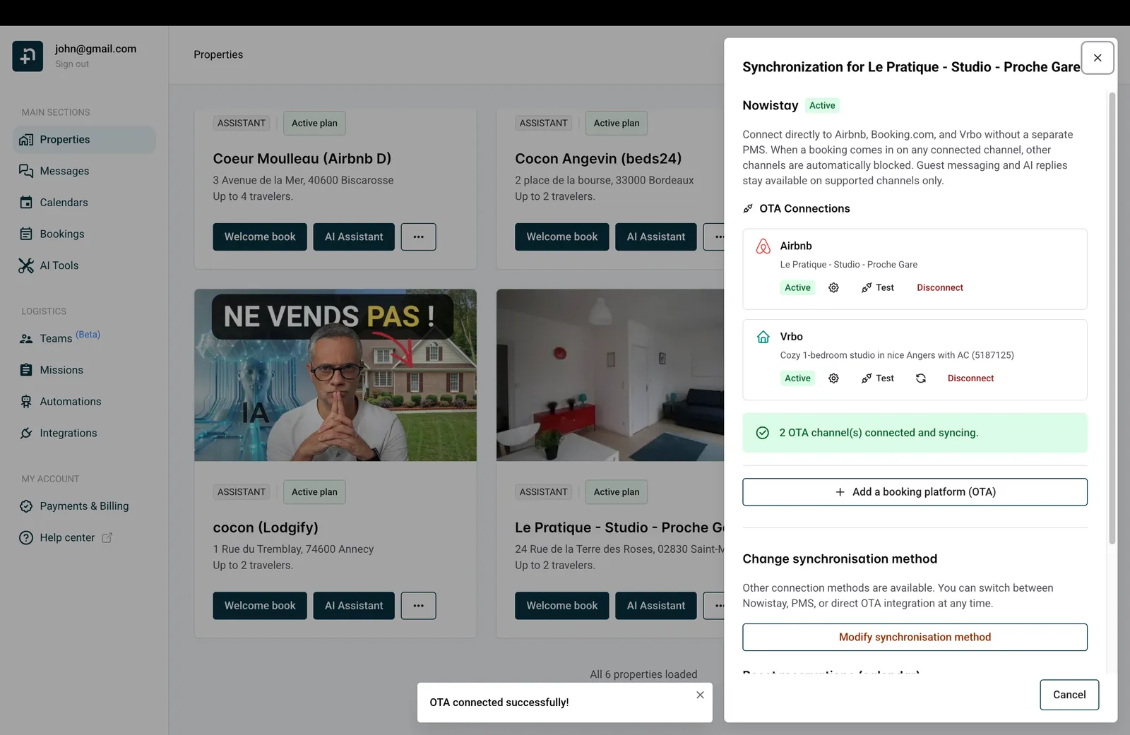 Synchronization drawer showing Vrbo connected with Active status and success notification