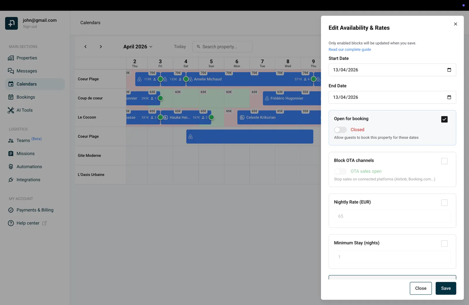 Calendar panel showing availability closed with the toggle set to Closed