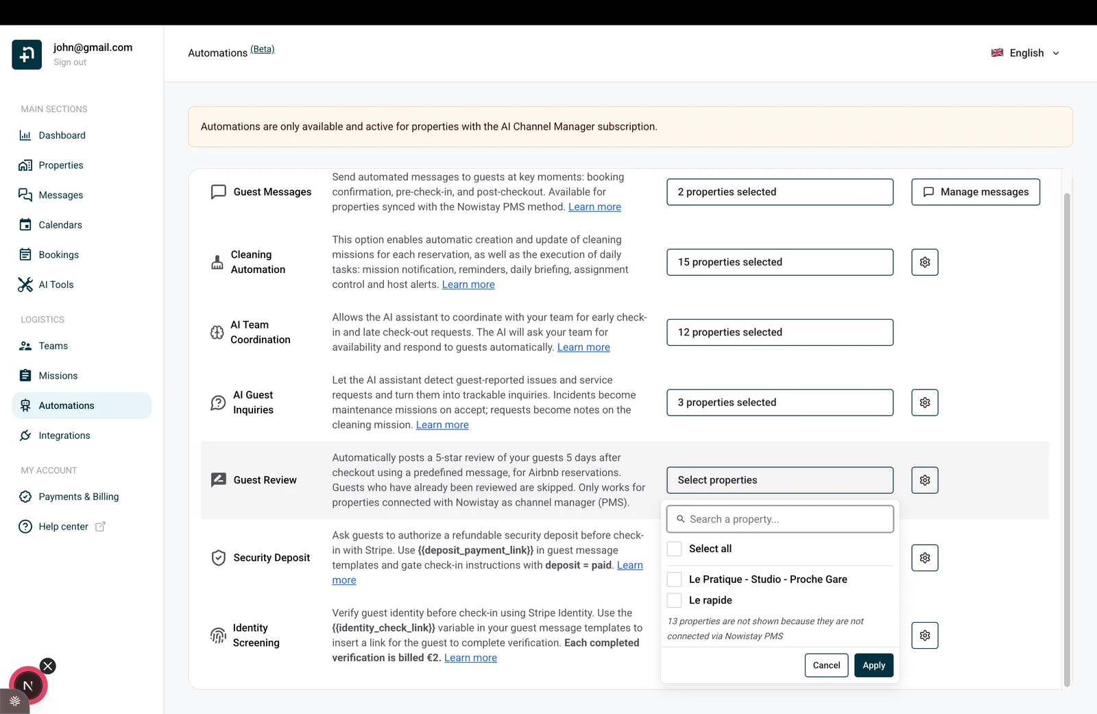 The Automations page with the Guest Review row and the property selector open